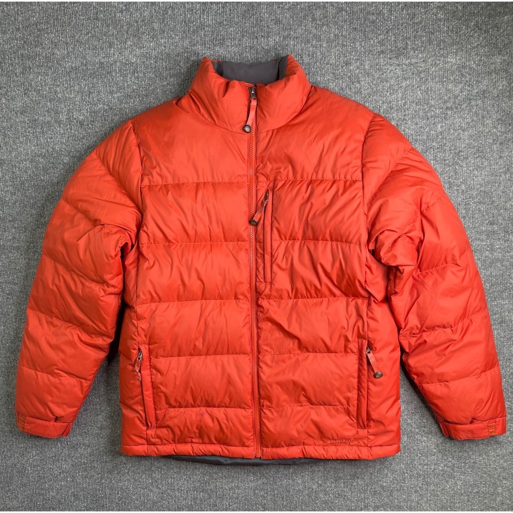 LL Bean Puffer Jacket Mens Medium Orange Goose Down‎ Insulated Full Zip Coat